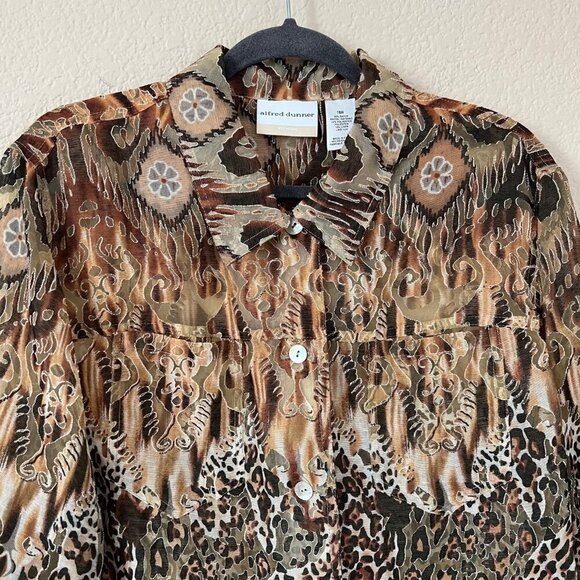 Linen Blend Sheer Brown Safari Cheetah Print Office Career Button down Women 18W - Picture 3 of 10